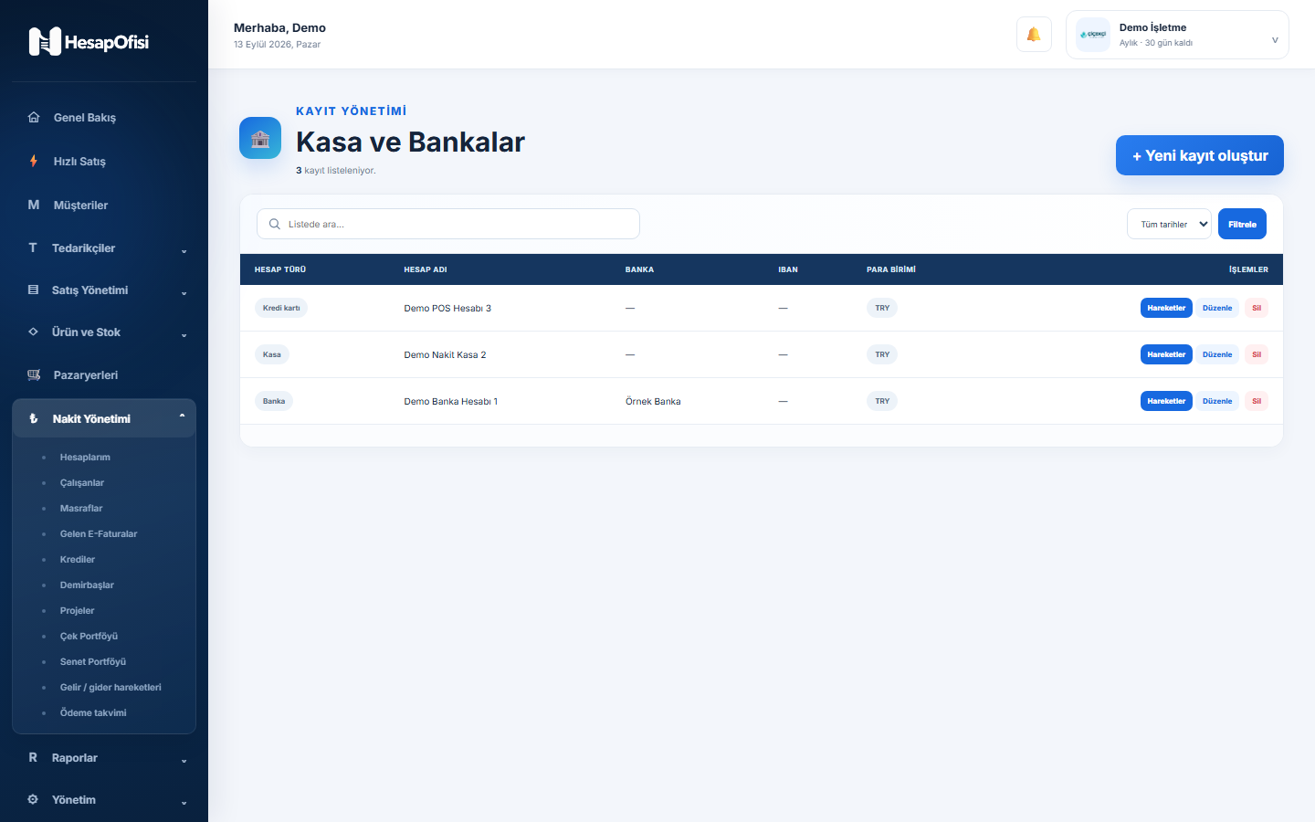 HesapOfisi Kasa ve Banka ekranı